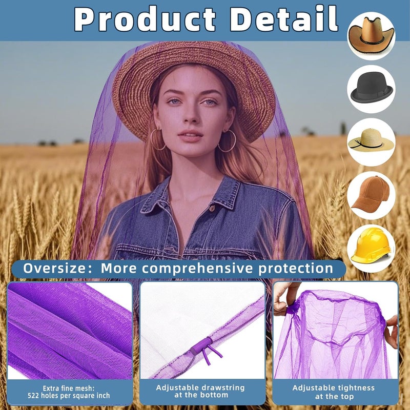 JayruiMice Oversized Mosquito Net 42 x 25 Inches Ultra Large Mosquito Head Net Face Neck Fly Mesh Netting Fits All Hats for Outdoor Camping Hiking Fishing Gardening Safari(Purple) - Image 3